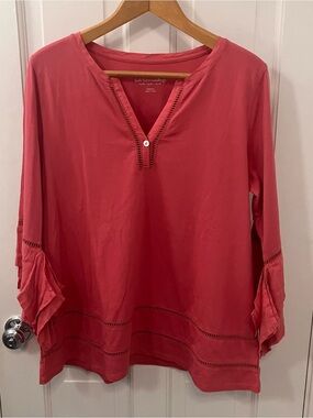 Soft Surroundings Coral pink V‑Neck Tunic with Ladder Trim size M bell sleeve